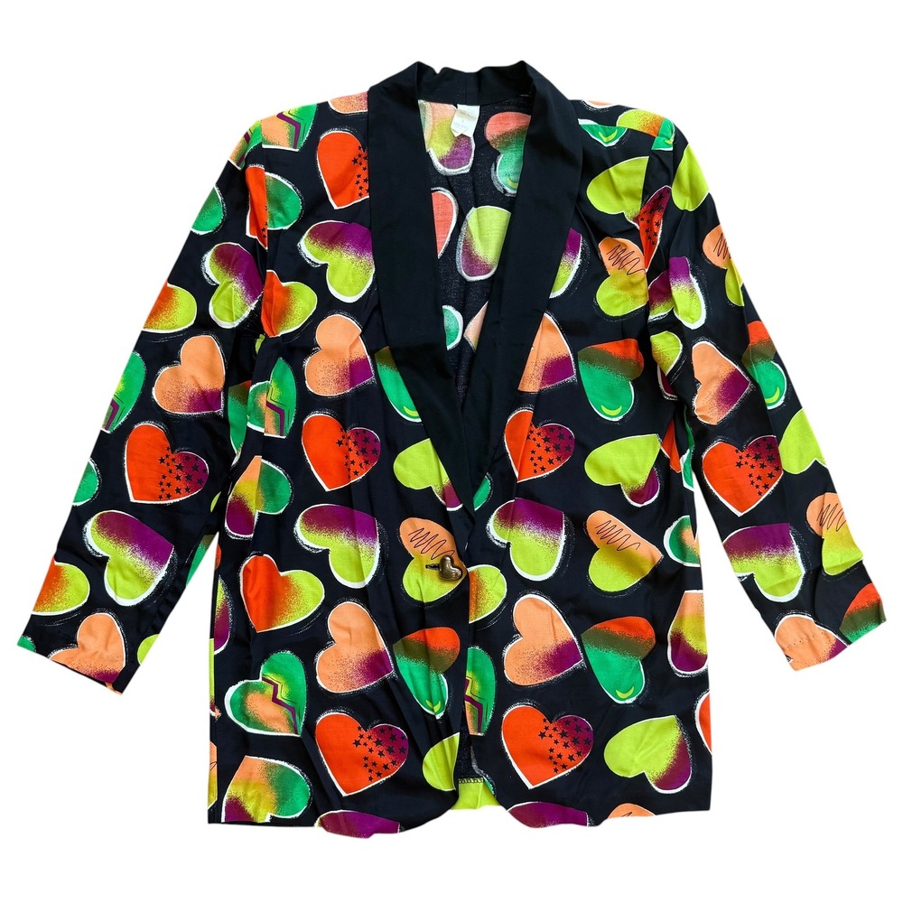 Vintage Neon Heart Print Rayon Blazer Shawl Collar Black Multi Womens L